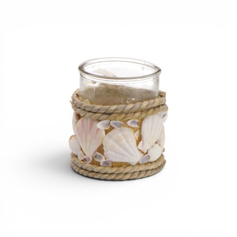 PORTA CANDELE IN VETRO CON CONCHIGLIE 9CM